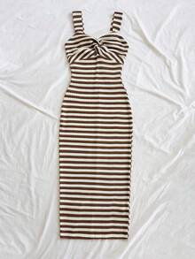 Soleia 女士度假条纹扭结设计休闲吊带中长连衣裙 - 咖啡 - 查看 6