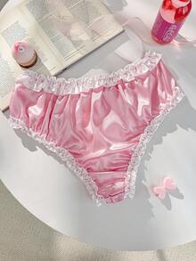 PetitDoll Quần lót nữ kiểu Lolita dễ thương Kawaii, màu hồng, xếp ly, điểm nhấn nơ, cạp cao bằng satin, kiểu quấn quanh, phối nhiều mảnh vải. - Hồng - Xem 6