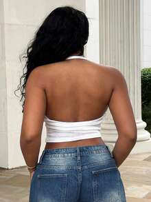 Alexandranx 女式夏季音乐会 Y2K 街头运动休闲透气网眼图案数字白色修身露背短款上衣 - 白色 - 查看 2