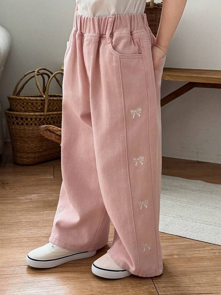 Young Girl Bow Embroidery Pink Denim Jeans