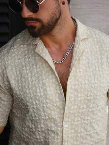 Manfinity Homme Camisa de manga corta con textura floral y un solo abotonado para hombres - Caqui - Ver 5
