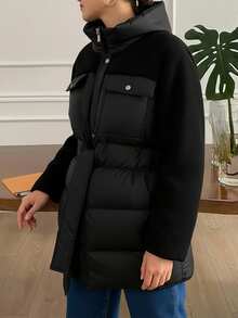 SHEIN Padded Jacket With Fur Collar And Tie Waist And Patchwork, Two Pockets At Front, Waterproof Fabric - Black - View 3