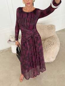 Lavishia 紫色褶裥腰身圆领中长连衣裙 - 中紫紅色 - 查看 4