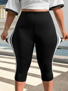 Muchica Quần legging cạp cao kẻ sọc tương phản dành cho nữ cỡ lớn, thích hợp cho mùa xuân/hè. - màu đen - Xem 3