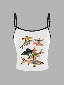 INAWLY 女士鱼纹印花休闲复古风吊带背心，Y2K风格，2000年代风格 - 白色 - 查看 4