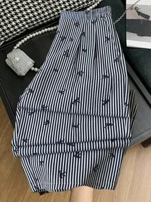 SHEIN Essnce Plus Size Women's Spring And Summer Fashion Casual Loose Comfortable Daily Basic Cool Pink Striped Bow Elastic Waist Wide Leg Pants,Y2k Clothes,Baggy Pants,Street Wear,Curve Cute Clothes,Summer Bottoms,Flowy Pants,Brunch Outfits For Women - Black and White - View 6