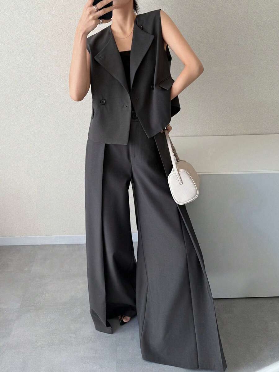 FRIFUL 女士纯色背心套装及阔腿裤两件套，通勤及都市休闲夏季套装 - 灰色 - 查看 1