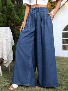 Breezaya Women's High Waist Pleated Pocket Wide Leg Loose Casual Versatile Jeans - Medium Wash - View 3