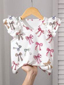 1 pieza Camiseta de manga de vuelo con estampado de lazo para niña joven - Multicolor - Ver 1