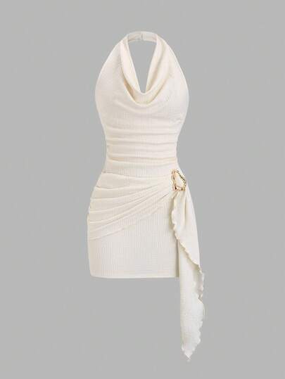 Sweetra Early Spring Sexy Draped Neck Ruched Waist Asymmetrical Hem Dress, Sophisticated Metal Buckle Decor, Chic Party Dress For Women