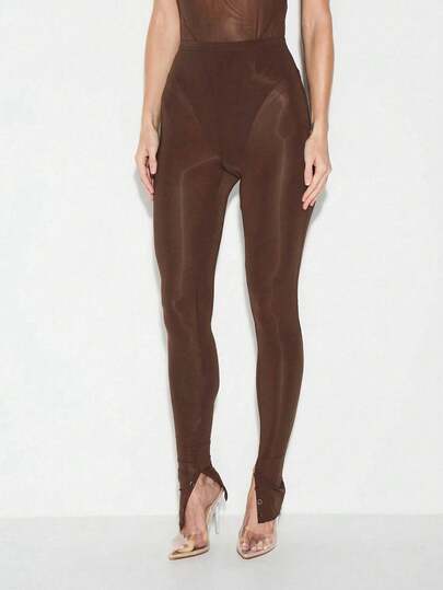 KIZN Button Detail Mesh High Waisted Full Length Leggings With Decorative Elements For Casual Everyday Wear