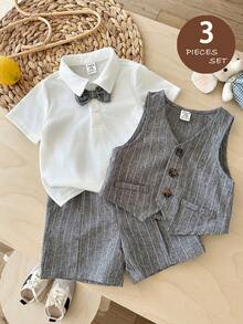 LMoss Kids 3pcs Baby Boy Woven Solid Vest + Knit Solid Casual Shirt + Shorts Gentleman Outfit Set - Multicolor - View 9
