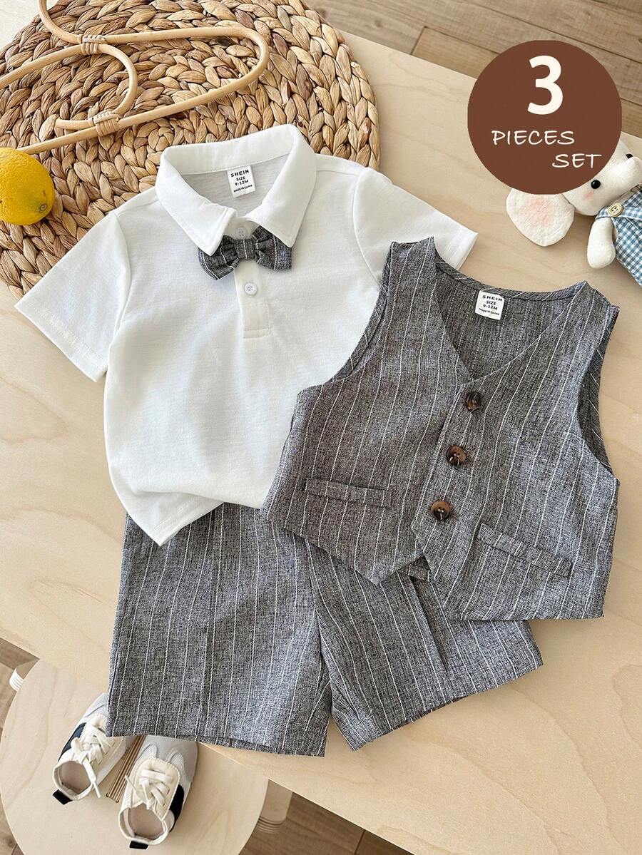 LMoss Kids 3pcs Baby Boy Woven Solid Vest + Knit Solid Casual Shirt + Shorts Gentleman Outfit Set - Multicolor - View 1