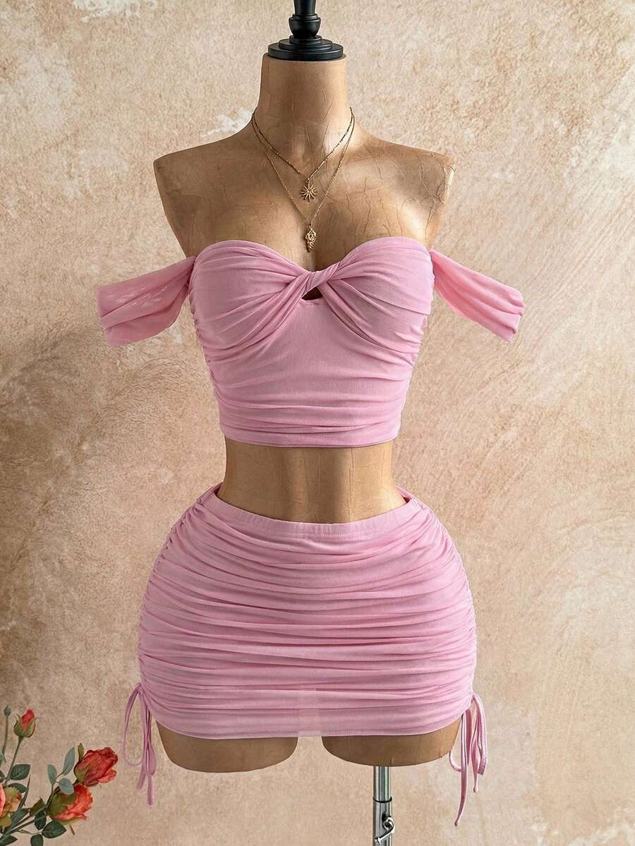 Soleia Women's Vacation Beach Solid Color Off-Shoulder Cropped Top And Mini Skirt 2-Piece Set - Baby Pink - View 1