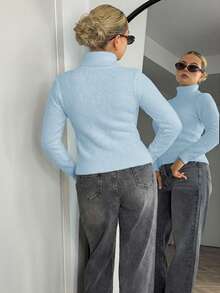 Bethéva 高领保暖内衬修身保暖长袖毛衣，秋冬新品 - 淺藍色 - 查看 2