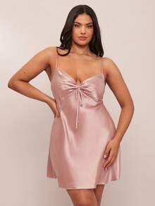 SHEIN BAE Plus Size Front Pleated Bowknot Band Simulation Silk Camisole Nightdress - Dusty Pink - View 6