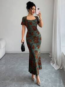 Rafferiza Women's Dark Green Summer 70's Retro Party Dress,French-Style Flocked Print Square Neck Slim-Fit Bodycon Elegant Formal Graduation Prom Wedding Gown - Green - View 7