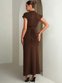 MaterniChic Đầm bầu màu trơn, tay xếp ly, ôm dáng, thanh lịch - màu nâu - Xem 2