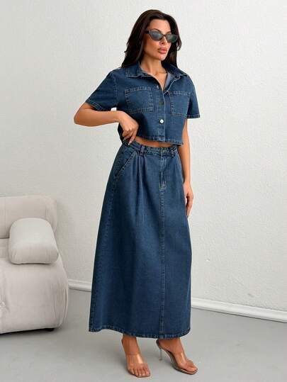 SHEIN 100% Baumwolle Damen Jeans-Set, kühles Gewebe Crop Shirt und midi plissierter Rock, Damen Zweiteiler