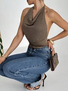 Firerie Women's New Mocha Brown Draped Neck Sexy Backless Beach Vacation Draped Blouse - Mocha Brown - View 9