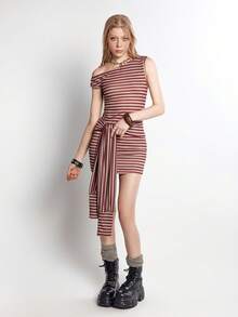 Bloopia 女士针织不对称领背心和条纹迷你连衣裙套装，宽松版型 - 彩色 - 查看 3