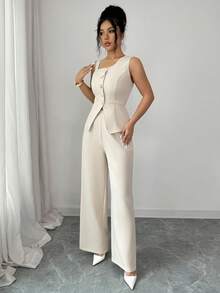 SHEIN Elenzya Bộ đồ nữ mùa hè thanh lịch, thoáng khí, cài cúc phía trước, gồm áo và quần. - Màu be - Xem 5