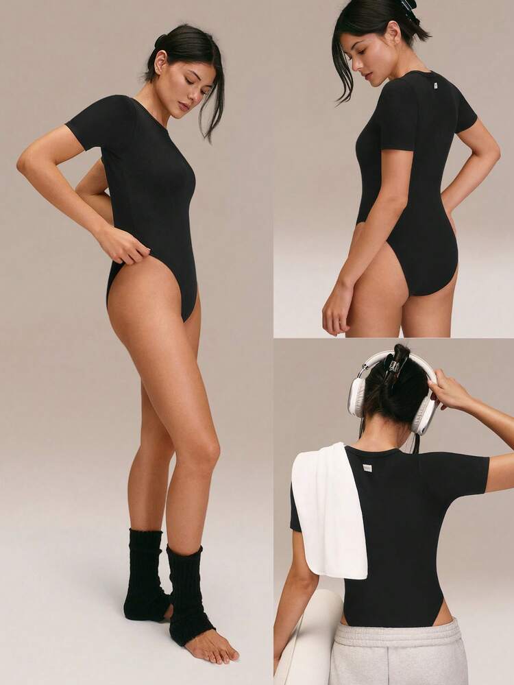 Ribbed Pima Cotton Ready To Flow Ultra-Soft Breathable Lightweight Stretchy Snap Closure Non-Padded Short-Sleeve Crewneck Thong Bodysuit Yoga Pilates Studio Daily Casual Wear