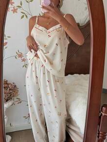 CottageSlumber 樱花印花吊带背心和裤子女士睡衣套装，家居服 - 杏色 - 查看 6