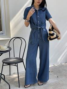 DAZY Conjunto de top con lazo y pantalones vaqueros casuales para mujer, vestido de invitada de boda de verano para mujer - Azul - Ver 8
