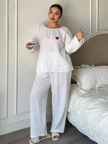 Dazy Plus 2pcs/Set Loose Long Sleeve Top And Long Pants Pajama Set, White, Spring/Summer - White - View 6