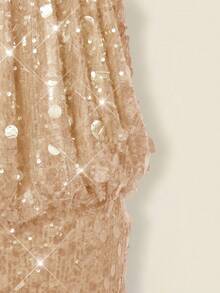 SHEIN ICON Glittering Sequin High Neck Backless Ruched Bodycon Mini Dress,Summer Dresses For Women - Apricot - View 6