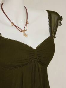 SHEIN ICON Women's Ruched Front Fitted Sexy Mesh Splice Cap Sleeve Backless Casual Vacation Cropped Tank Top - Army Green - View 4