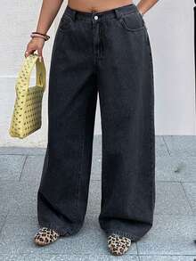 Dazy Plus Dark Wash Blue Waistband Patchwork Drawstring Straight Leg Long Jeans, All Season - Dark Grey - View 6