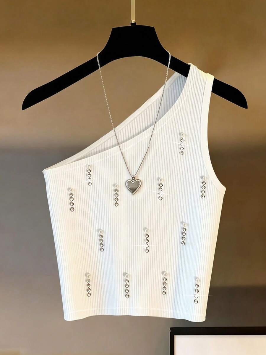 Lyxana Elegant Women's White Studded Shoulder Top - White - View 1
