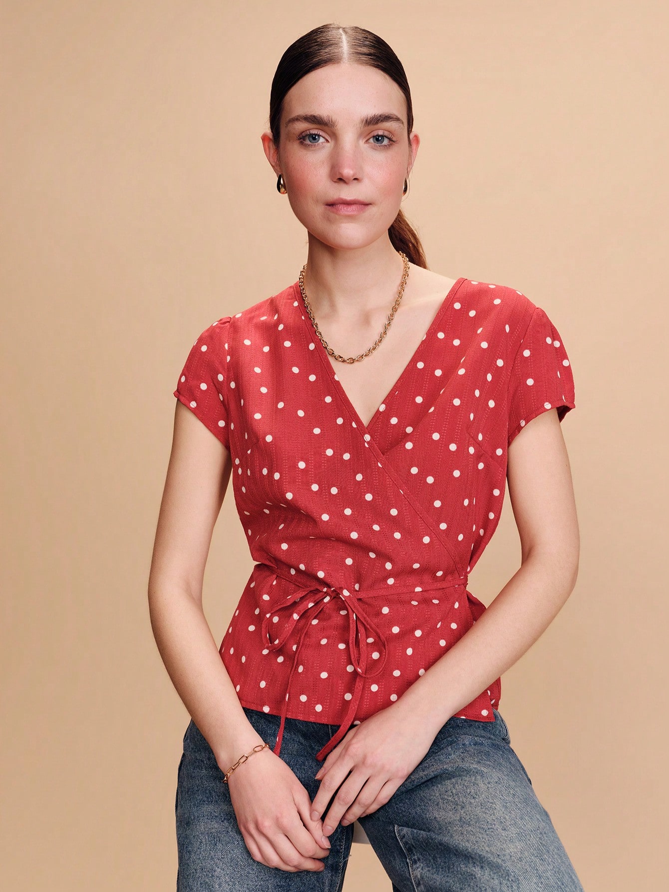 Red Polka-Dot Wrap Top With A Cute And Chic V-Neck Style Business Casual Top Polkadot Top Cute Summer Top Spring Summer French Style Parisian Style Women S Tops And Blouses Work Outfits Women Women Tops