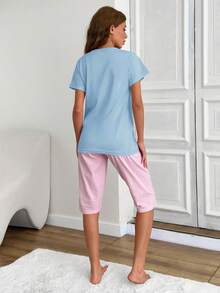 EURMUSE Cotton Women 2 Pcs Contrast Colour Slogan Printed Short Sleeve Shirt And Printed Capri Bottom Pj Set - Baby Blue - View 2
