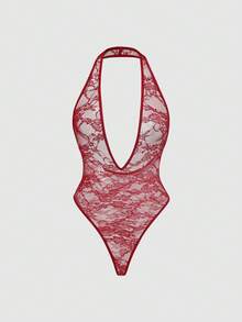 Sweetra Áo liền thân ren đen họa tiết hoa, cổ chữ V khoét sâu, hở lưng, buộc dây, kiểu dáng gợi cảm, thanh lịch, thích hợp cho kỳ nghỉ hè lãng mạn dành cho nữ. - Màu Đỏ Sâu - Xem 1