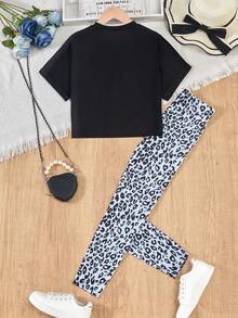Teenage Girls' Casual Street-Style Grey Printed Loose T-Shirt Set, Summer Tops, Fashionable Design Suitable For Vacation, Travel, Campus And Daily Wear - Black - View 2