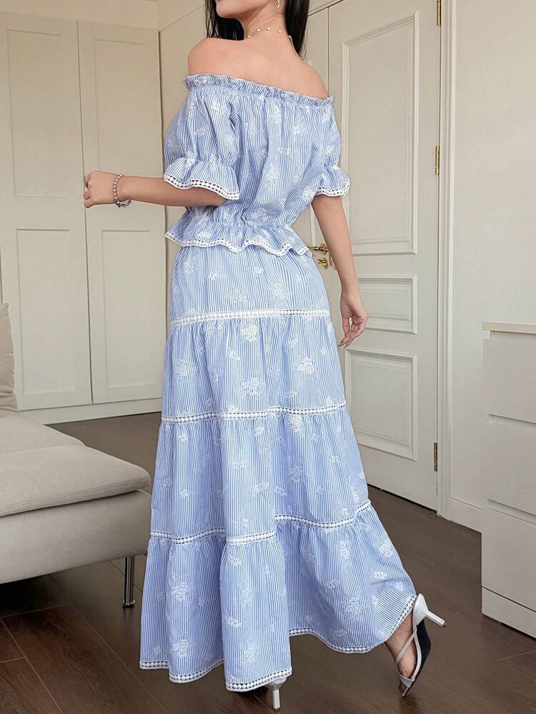 Women's Elegant Striped Floral Lace Patchwork Off-Shoulder Top And Frill Trim Skirt 2-Piece Set, Summer