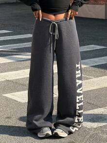 Muchica Dark Grey Knit Drawstring Waist Sweatpants, College Style - Dark Grey - View 7