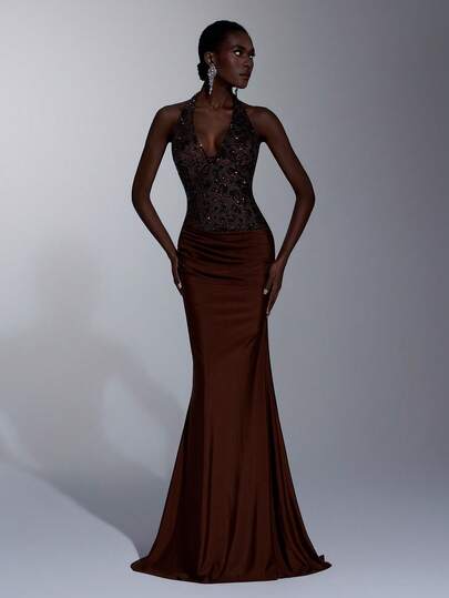 Elitara 优雅奢华的咖啡色亮片刺绣弹力针织露背美人鱼长裙，荷叶边鱼尾裙摆，适合度假、婚礼、单身派对、晚宴、正式晚宴等场合。