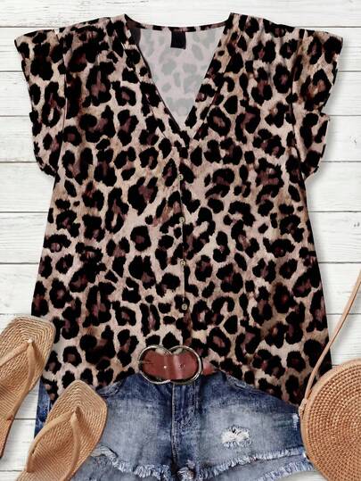 EMERY ROSE Camisa con estampado de leopardo en todo el diseño, adecuada para el verano, con un estilo relajado de festival y vacaciones