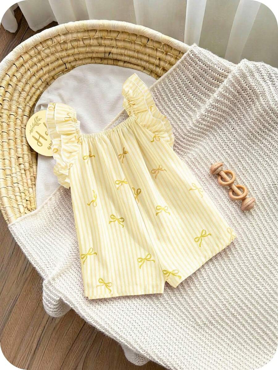Baby Girl Summer Cute Yellow & White Striped Bow Ruffle Romper - Yellow - View 1
