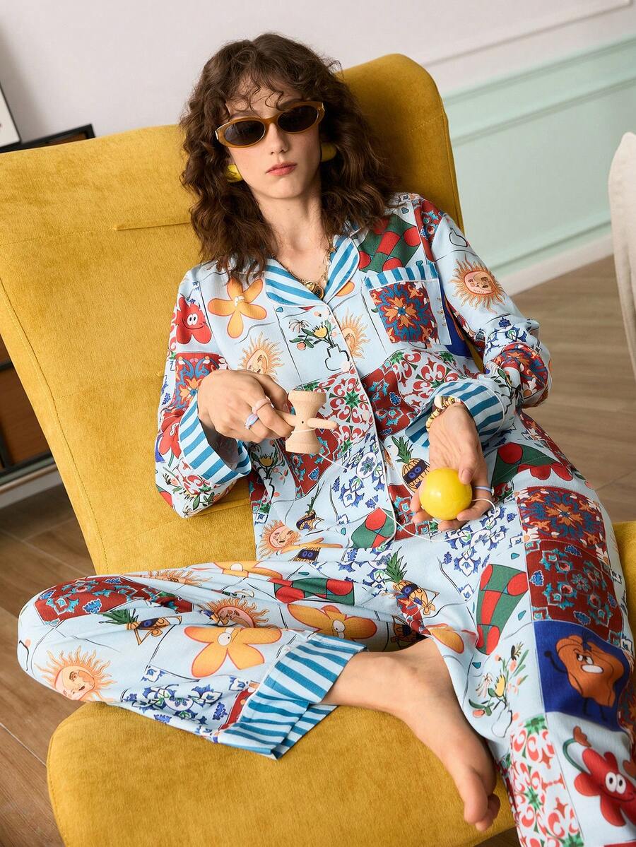 Chillnights Conjunto de pijama de mujer con fruncido delantero a rayas y bloques de color a cuadros - Multicolor - Ver 1