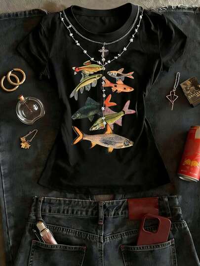 Glimmora Top informal de cuello redondo cómodo con estampado retro Y2K, adecuado para el estilo callejero diario