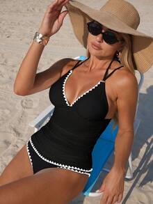 Swim Vcay Baju Renang Tankini Wanita Terbaru dengan Kain Bertekstur, Garis Dekoratif Hitam, dan Desain Pinggang Berkerut, Bikini Tali Tipis untuk Liburan - Hitam - View 1