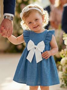 1pc Baby Girls' Summer New Round Neck Ruffle Front White Bow Decor Simple Versatile  Design Casual Cute Dress - Blue - View 9