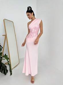 Firerie Elegant Minimalist Exquisite Romantic Dignified Banquet Festival Party Date Wedding Guest Holiday Asymmetric Draped Sequin Splice Pink Extra Long Dress - Pink - View 4