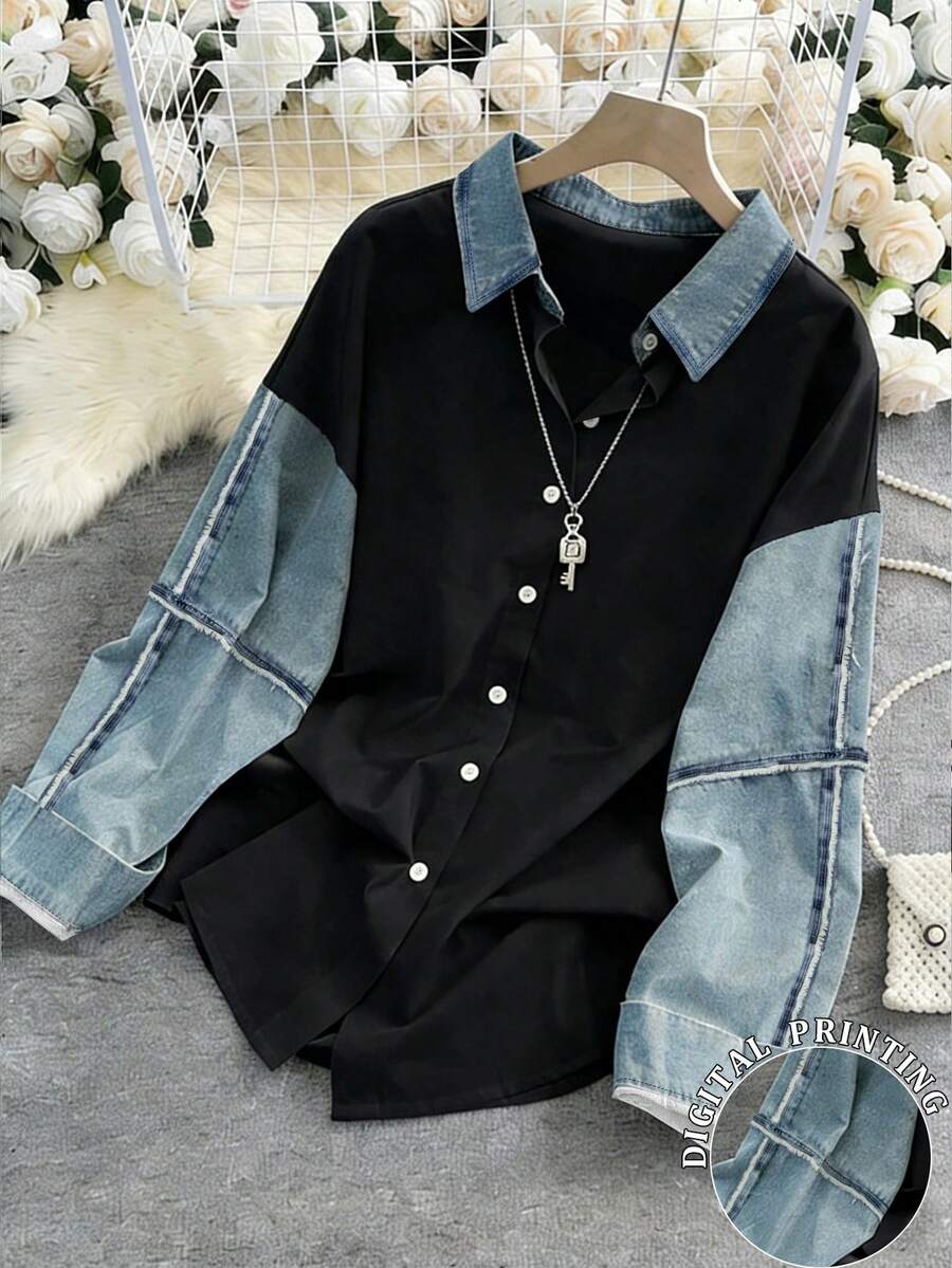 Resyla 女士休闲时尚街头风日常通勤拼接落肩宽松长袖衬衫，春秋季 - 彩色 - 查看 1