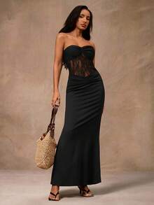 Opulessa Elegant Sexy Black Crochet Lace Dress For Women, Solid Color Western Style, Autumn Spring/Summer Vacation Outfits, Holiday Ibiza Outfits, Night Out - Black - View 1